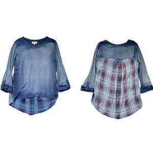 Anthropologie Cloth & Stone Boho Plaid Back Washed Chambray Top